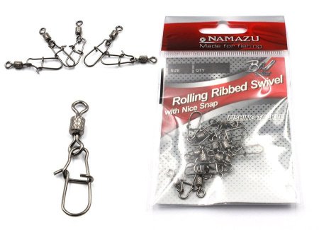 Вертлюг с застеж. Namazu ROLLING RIBBED SWIVEL WITH NICE SNAP,цв.BN,p.14,test-4кг.катаный(уп.10шт)