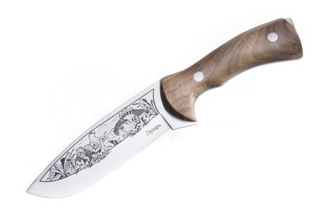 Нож Кизляр Глухарь (Клинок - Худож-но оформленный с глуб. травлением, Рукоять-Дерево с лат.фурнитур)